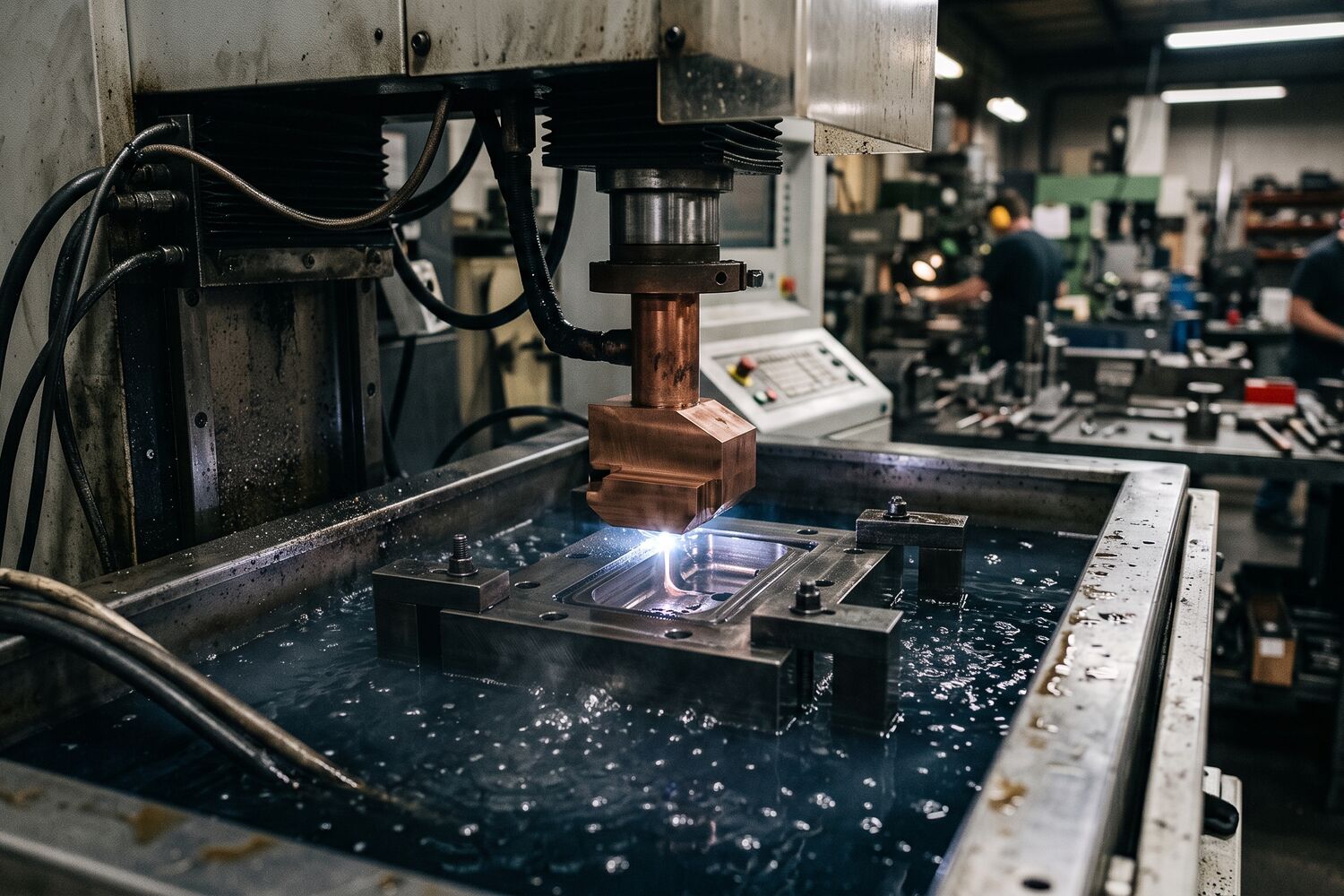 Die sinker electrical discharge machining in operation