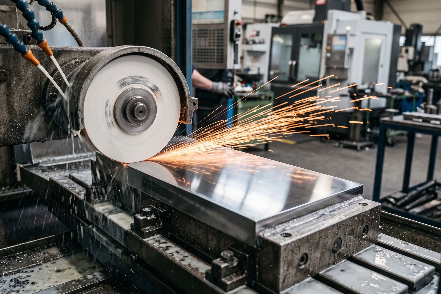 Surface grinding operation producing a finished face on a metal workpiece