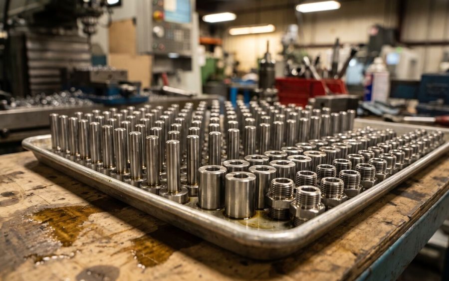 A production run of identical machined steel pins and bushings in a parts tray