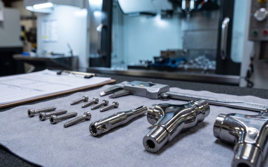 Precision machined stainless steel and titanium medical components on an inspection bench