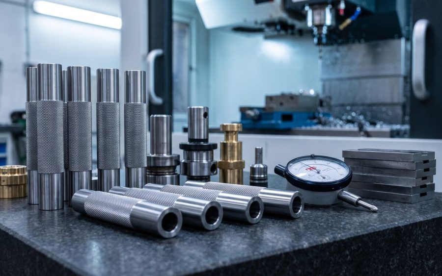 Close-tolerance machined probe bodies and fixture hardware with a dial indicator