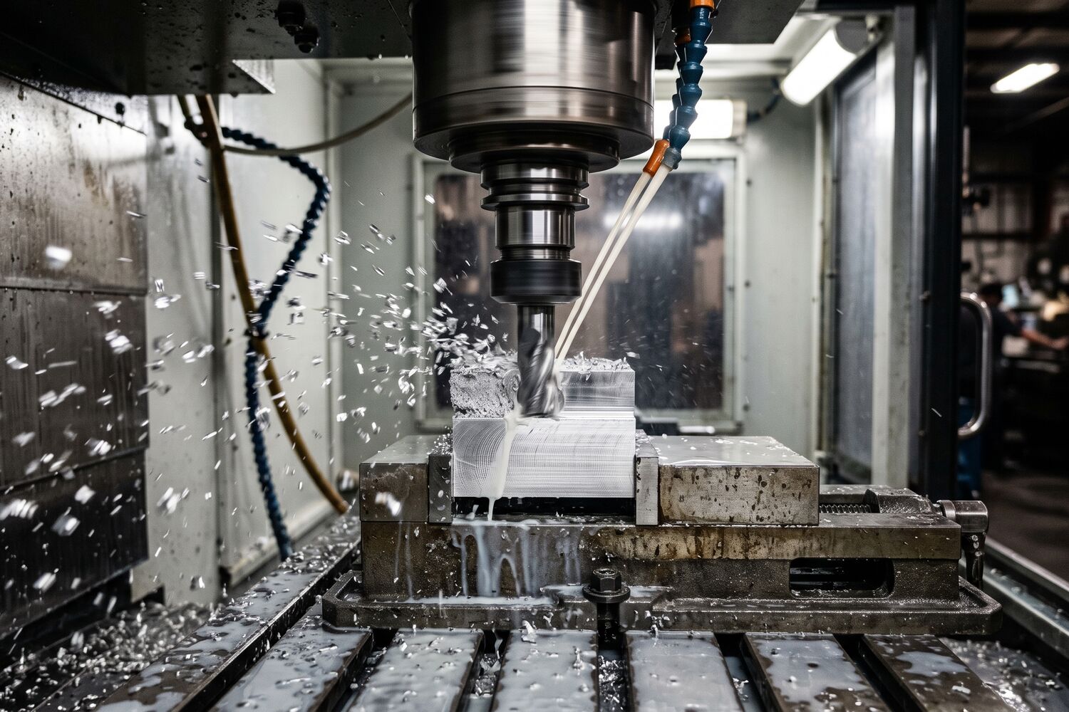 CNC mill spindle cutting an aluminium block under flooding coolant