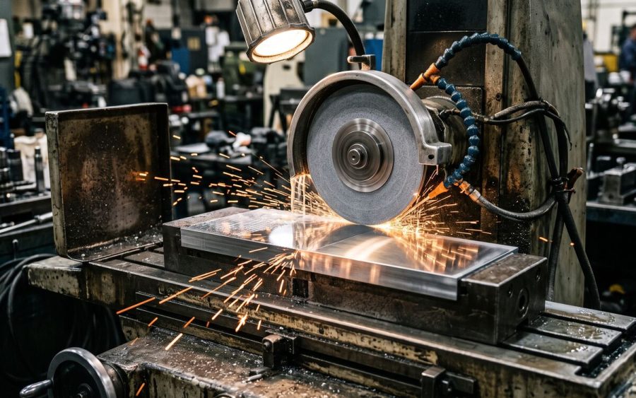 Surface grinding operation on a metal workpiece