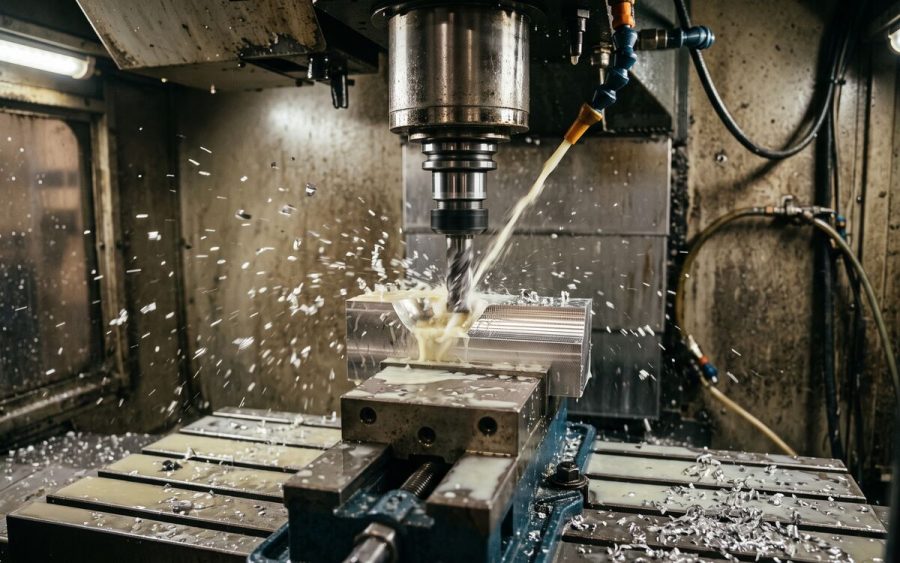 CNC milling machine cutting a metal part