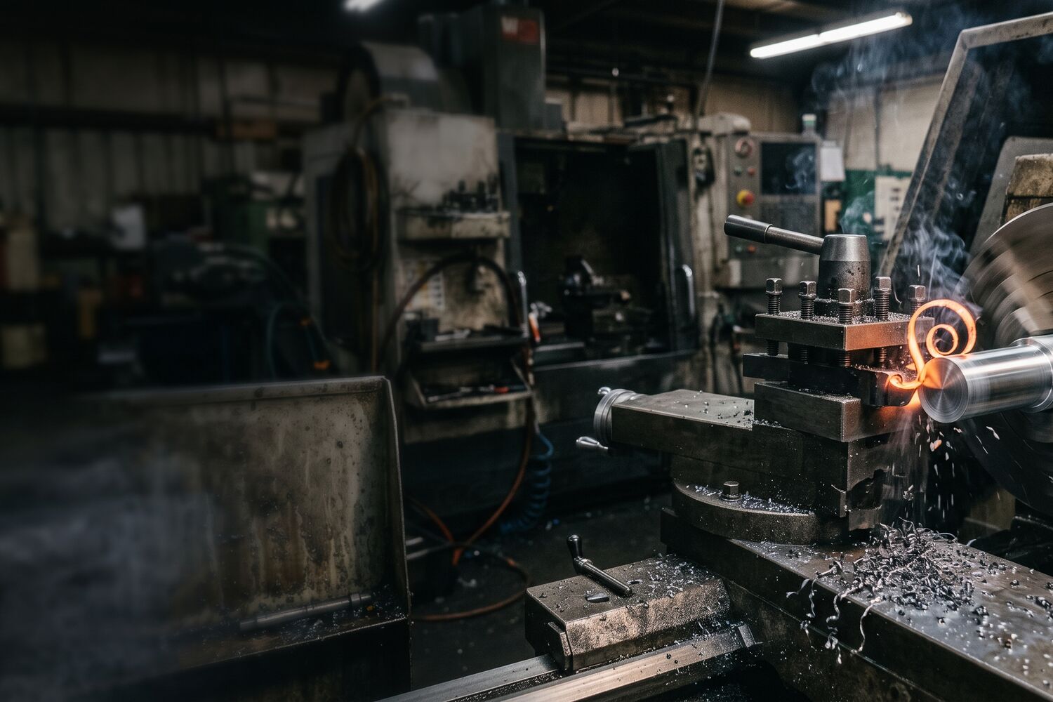 Turned steel part on the lathe with a chip peeling away from the cutting tool