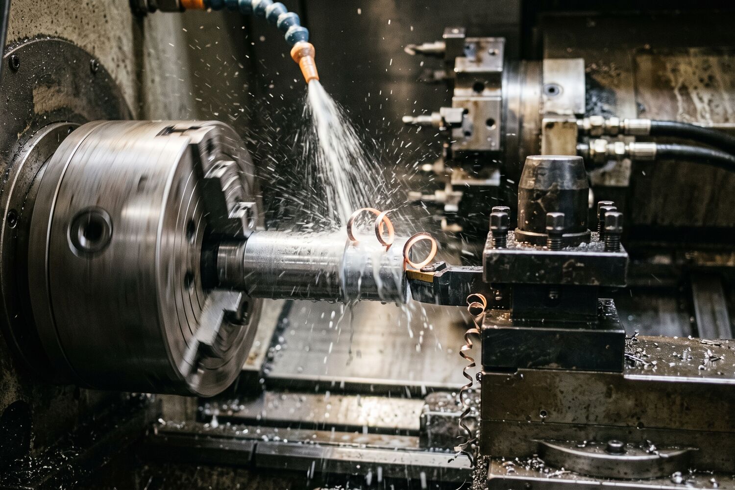 CNC lathe chuck turning a steel part with coolant and chip curls